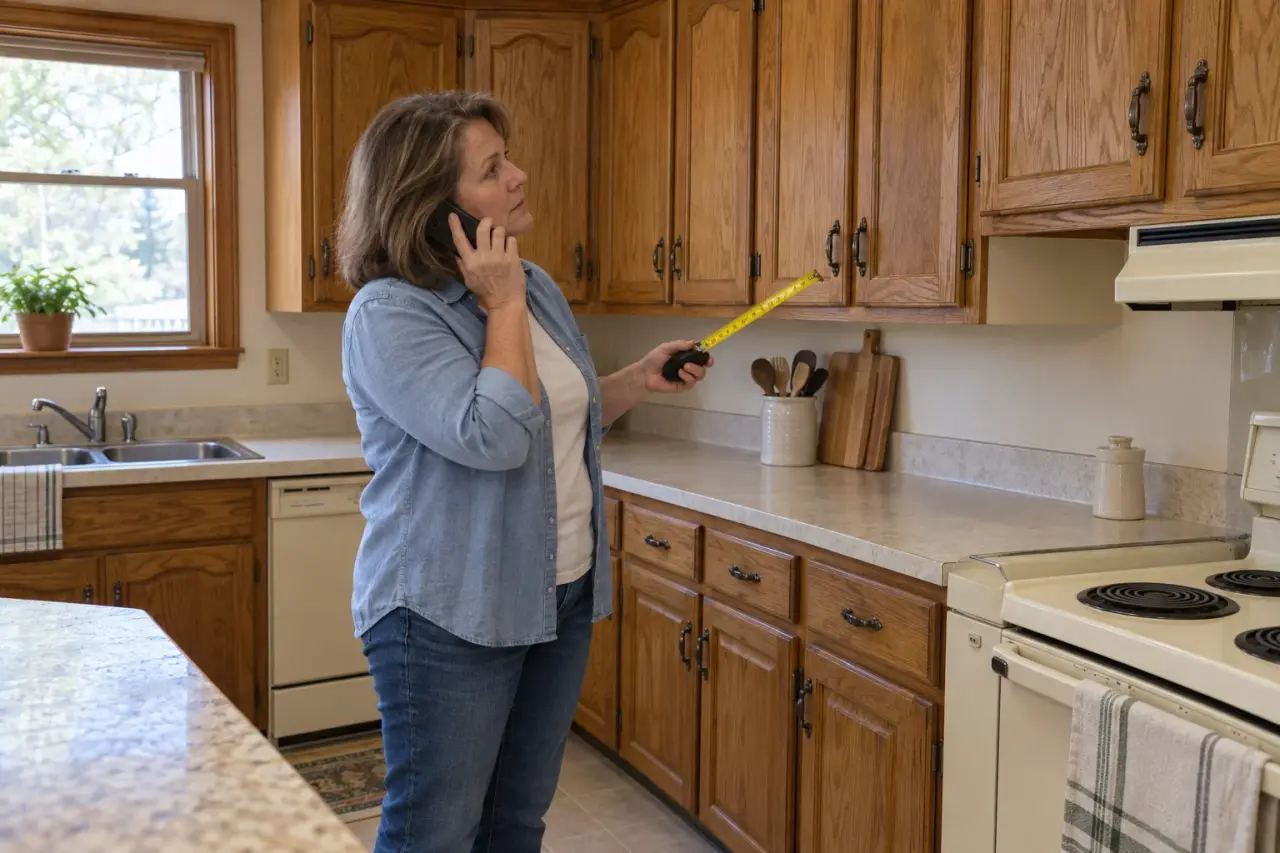 A woman on the phone in her dated kitchen holding a tape measure