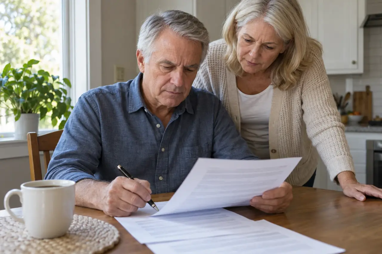 A homeowner reading a printed contract at a kitchen table