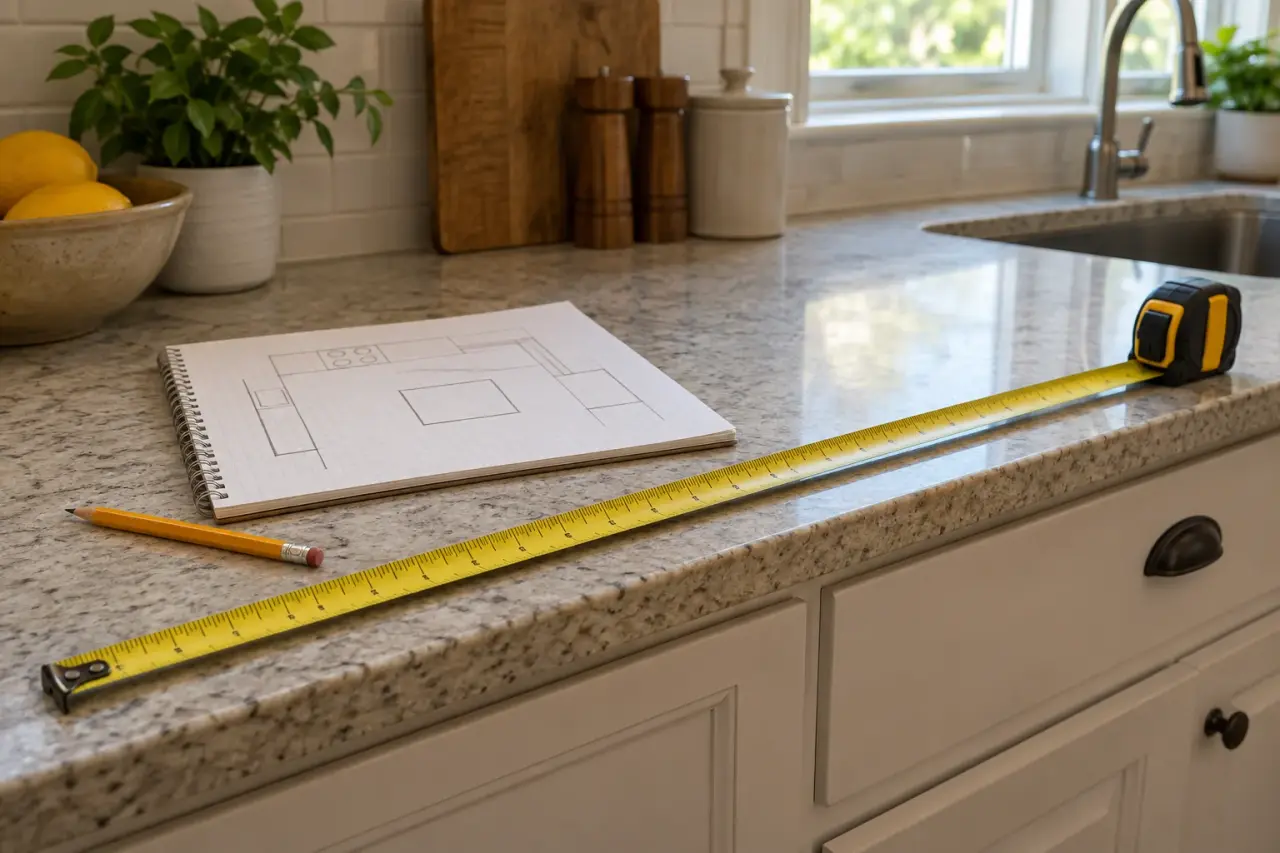 A tape measure along a countertop edge beside a hand-drawn kitchen floor plan
