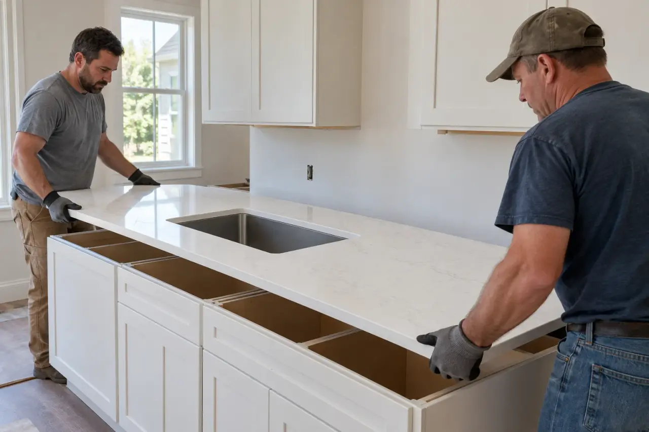 Two installers lowering a white quartz countertop onto new base cabinets