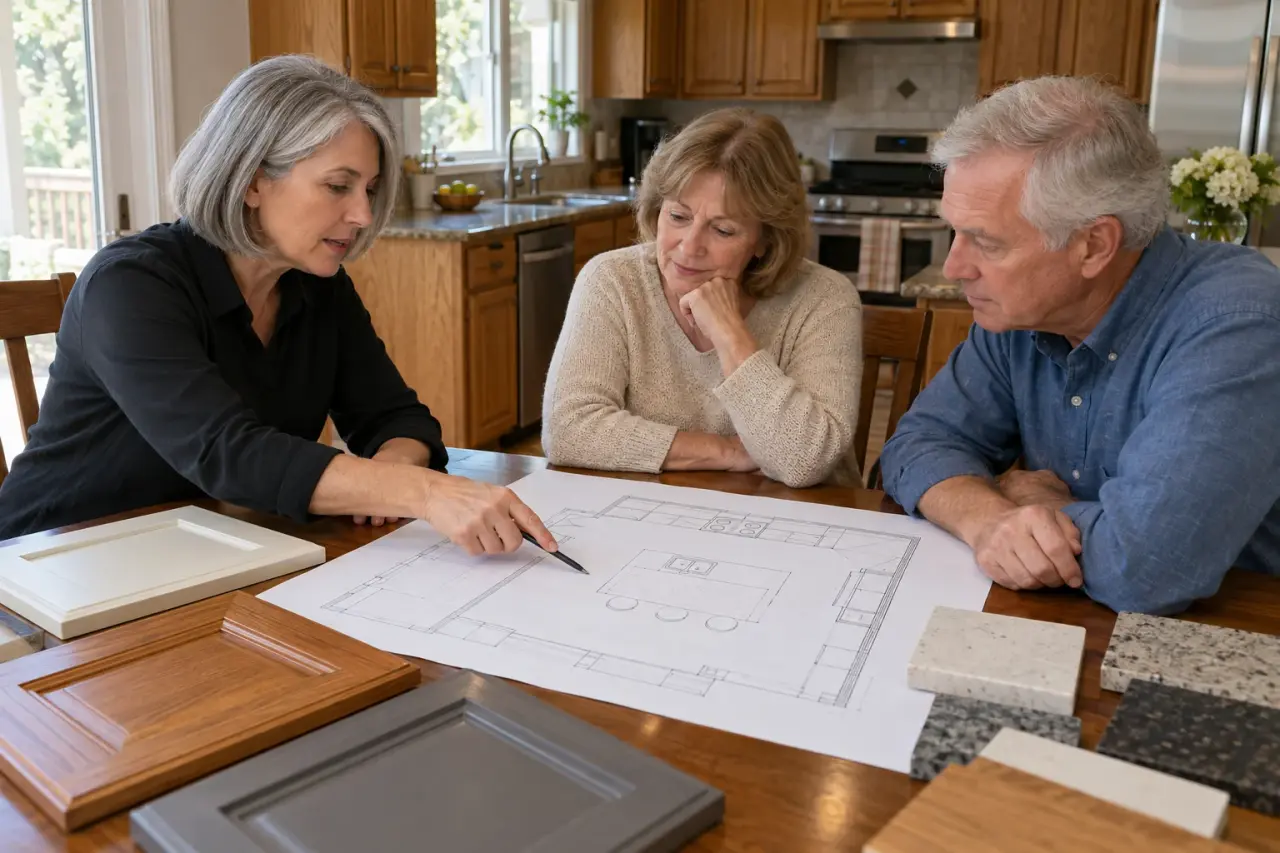 A kitchen designer and a homeowner couple looking over a floor plan with door and countertop samples
