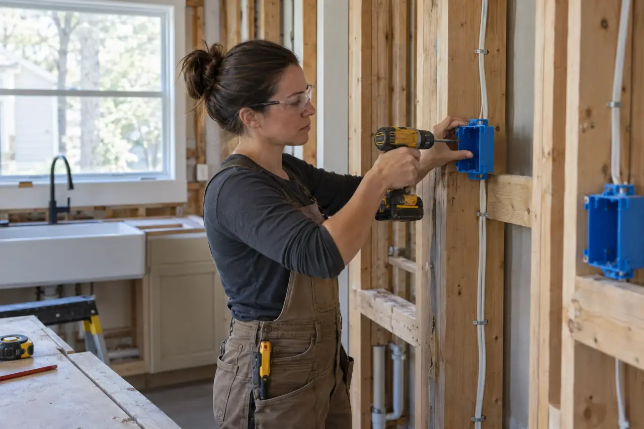 An electrician mounting a new outlet box in an open kitchen wall above counter height