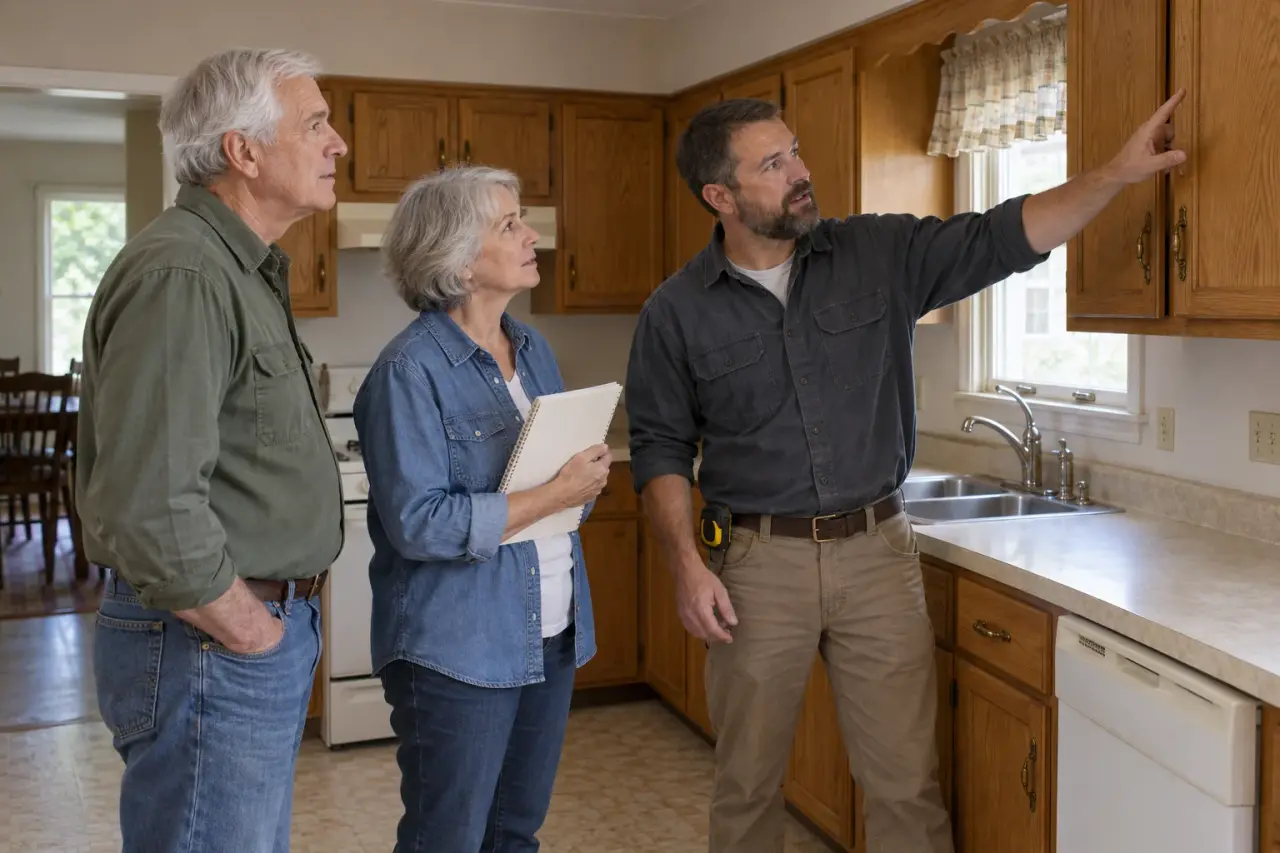 A contractor talking with a homeowner couple in their dated oak kitchen