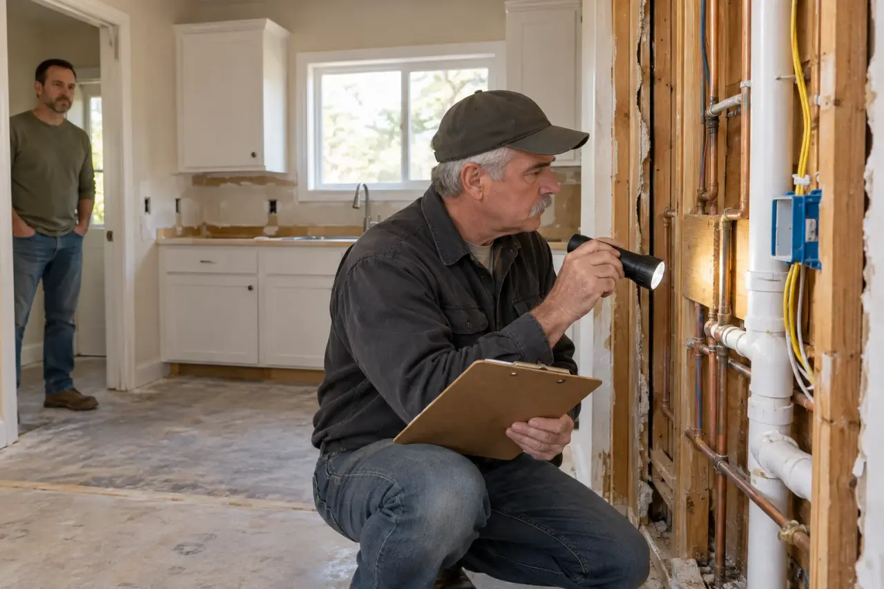 A building inspector checking new wiring and plumbing in an open kitchen wall with a flashlight