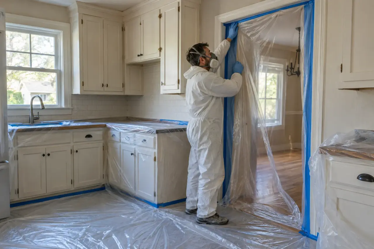 A renovation worker in coveralls and a respirator taping plastic sheeting over a doorway