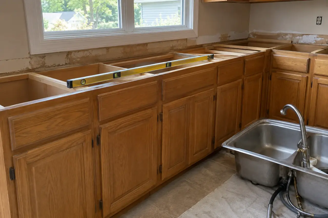 Old oak base cabinets with the countertop removed and a level laid across the tops