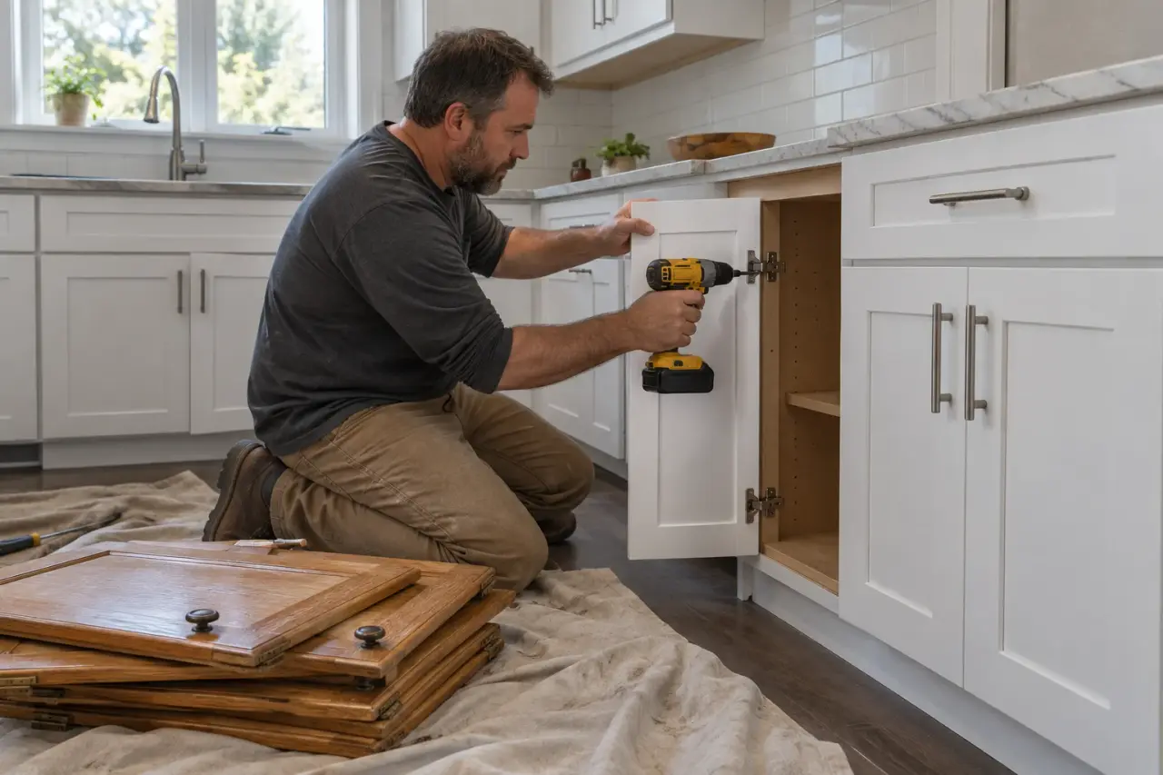 An installer fitting a new white shaker door onto an existing cabinet box