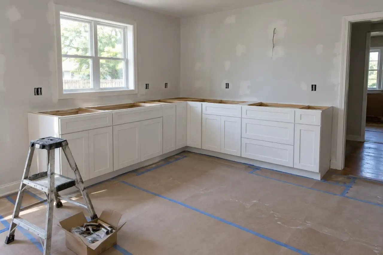 A kitchen mid-remodel with new white base cabinets set in place and no countertops yet