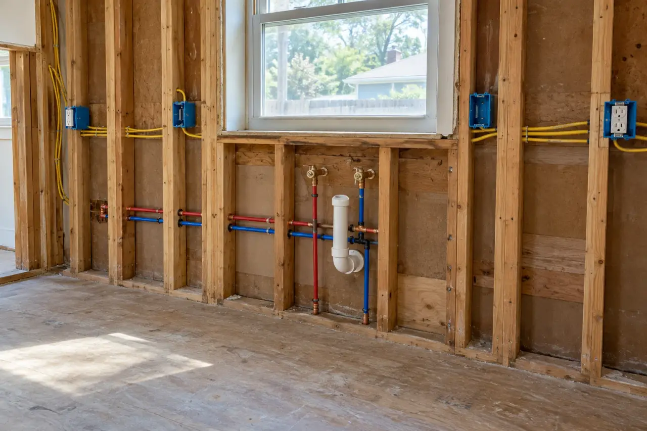 A kitchen wall opened to the studs with new outlet boxes, wiring and water lines for the sink