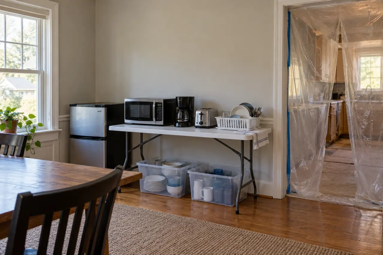 A temporary kitchen on a folding table in a dining room during a remodel
