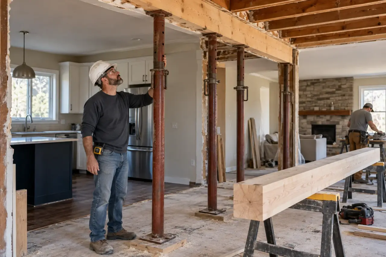An opened wall between a kitchen and living room held up by temporary steel support posts