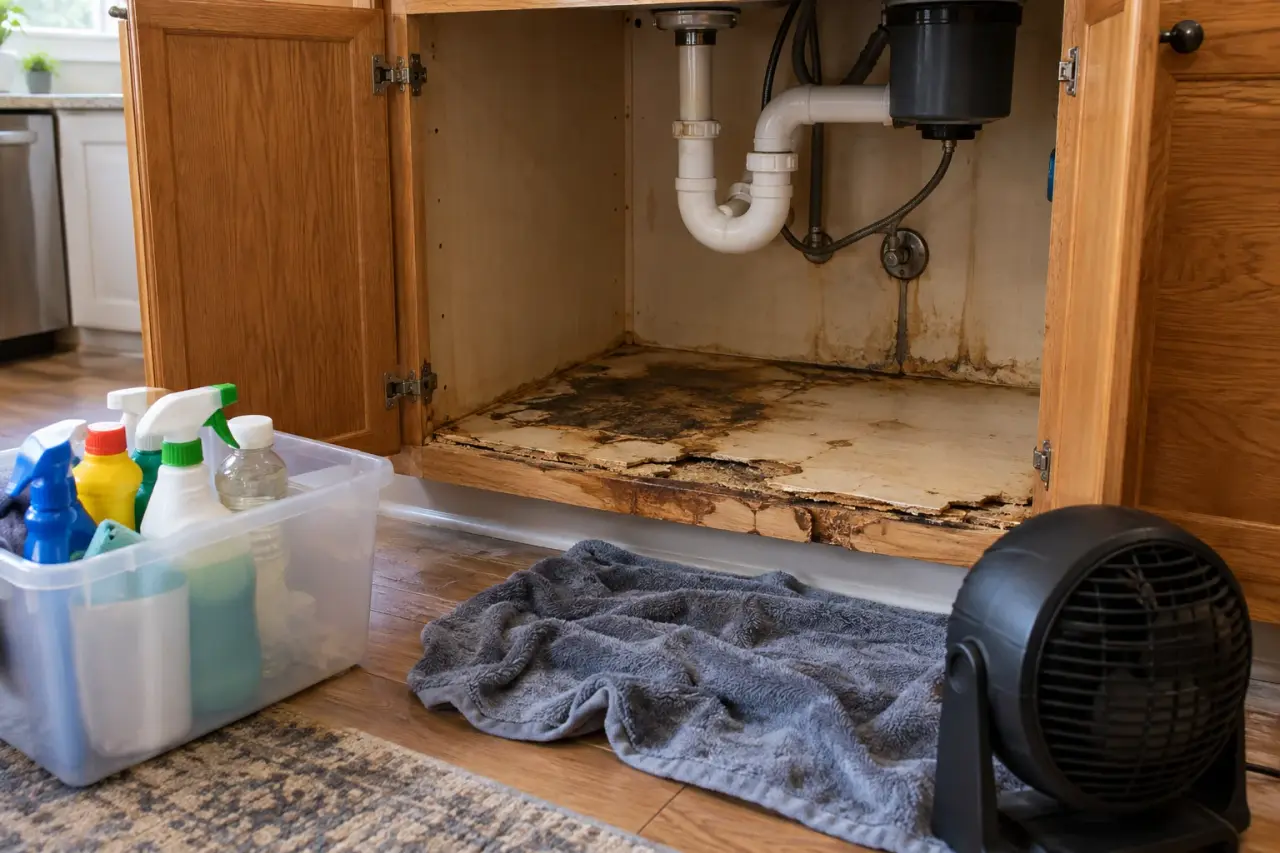 A sink base cabinet with a swollen, water-stained floor after a slow leak